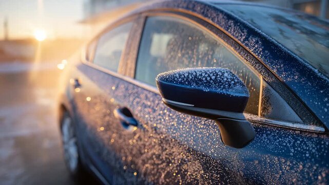 Car handle completely iced over with translucent layers, warm sunlight highlighting textures, showcasing cold-weather car issues and product solutions for thawing