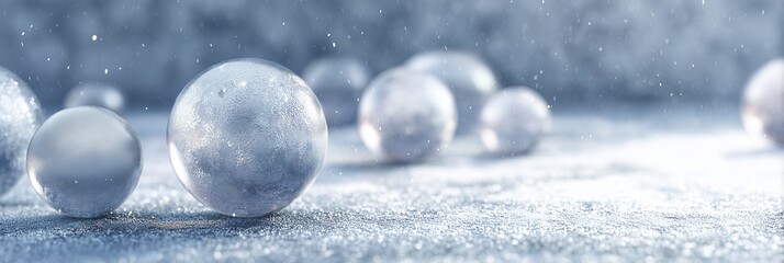 Glass spheres on frosty surface with soft winter light
