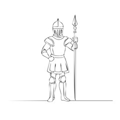 Minimalist One Line Art Illustration of a Brave Medieval Knight Standing Guard Holding a Tall Spear
