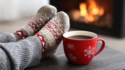 Feet in warm, patterned socks rest on a cozy couch with a cup of coffee nearby, while a crackling fire adds to the comfort of the scene