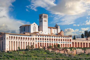 Assisi, Italy town skyline with the Basilica of Saint Francis of Assisi