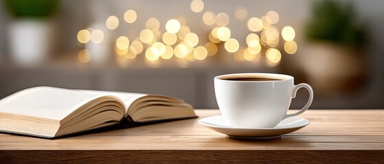 A steaming mug sits beside an open book on a window sill, with soft lights creating a warm and inviting atmosphere for reading