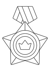 Gold medal with ribbon and crown. Game award for the winners. Illustration of prize for sports competitions.
