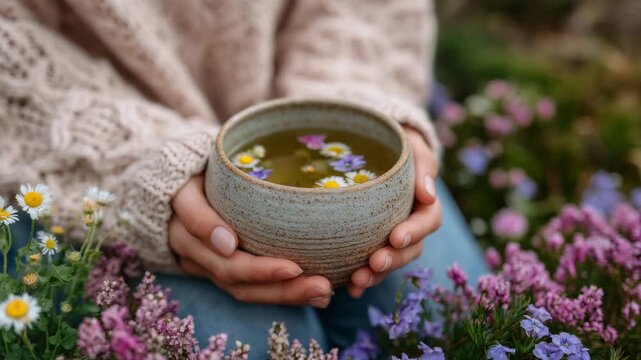 Close-up of hands holding herbal tea surrounded by spring botanical elements
