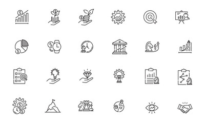 Minimalist business strategy and finance icons in digital workspace mockup for dashboard and presentation design, icon category