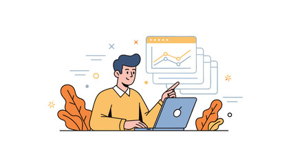 Naklejka na ściany i meble Illustration of a young caucasian male analyzing data on a laptop