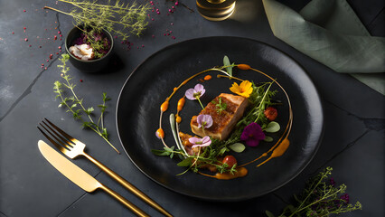 Exquisite fine dining meal featuring perfectly cooked meat garnished with vibrant edible flowers delicate herbs and rich sauce on sleek black plate presented with golden cutlery