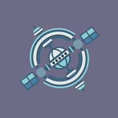 A stylized blue and white satellite with solar panels and antennas orbits a central sphere, depicted in a flat design style.