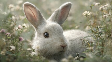 Fototapeta premium Close-up of a white rabbit's face in a field of wildflowers. the rabbit is facing towards the right side of the image, with its ears perked up and its eyes looking directly at the camera.