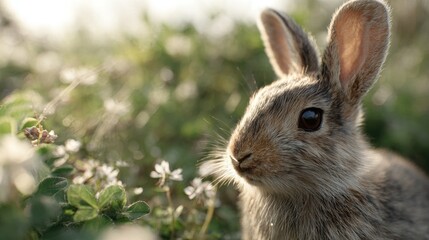 Fototapeta premium Close-up of a rabbit's face. the rabbit is facing towards the right side of the image, with its ears perked up and its eyes looking directly at the camera.