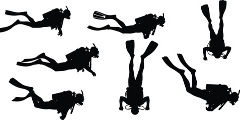 Set of scuba divers silhouettes, professional explorers swimming underwater in various diving positions, black and white vector illustration © MDMOHOBBAT