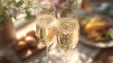 Two glasses of champagne on a table. the glasses are filled with a golden-colored liquid and are covered in bubbles.