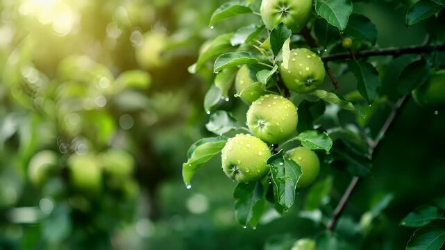 green apples with water droplets on them.