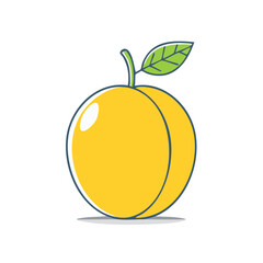 Cartoon-style illustration of a ripe apricot with green leaf isolated on white background.