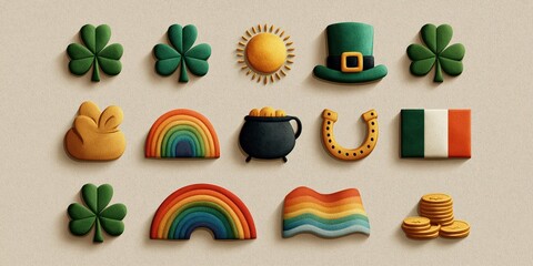 Bright, clean vector illustration featuring St. Patrick's Day icons like shamrocks, leprechaun hat, rainbow, pot of gold, and Irish flag with minimalist design and copy space