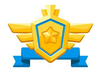 Gold shield with ribbon and wings. Game award for the winners. Illustration of prize for sports competitions.
