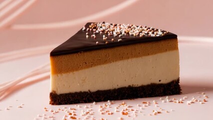Decadent Dessert Slice: A mouthwatering slice of layered dessert, a sweet treat composed of rich chocolate, creamy mousse, and a crumbly base, offering a visual symphony of flavors.