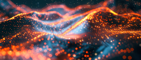 Vibrant abstract scene with glowing quantum data streams, blue and orange light trails, and dynamic digital patterns. Futuristic concept of energy, motion and technology.