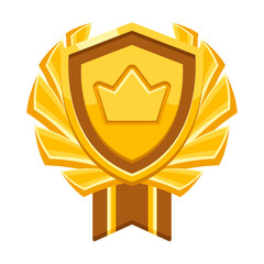 Gold shield with ribbon and crown. Game award for the winners. Illustration of prize for sports competitions.