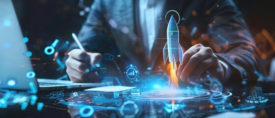 A glowing holographic rocket launch symbolizing a startup concept, displayed above a digital workspace as a person draws and plans innovative business ideas in a futuristic environment.