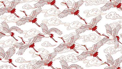 Naklejka premium Elegant Asian Inspired Seamless Pattern with Graceful Flying Cranes Amidst Stylized Cloud Motifs, Capturing Traditional Artistry and Serenity in a Repeating Design