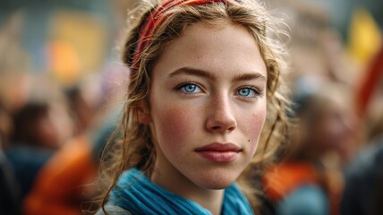 Obraz premium close-up of a passionate teenage activist with intense eye contact, emotional expression of purpose, soft ambient protest scene behind, vibrant color tones