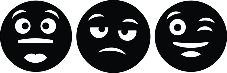 Three black and white cartoon faces showing different emotional expressions