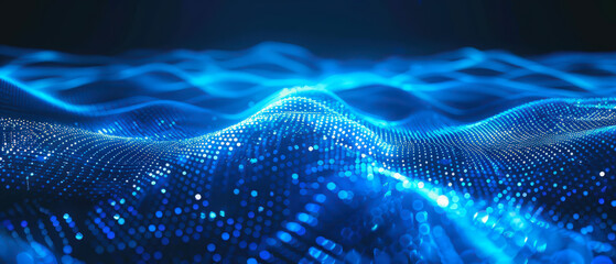 Abstract glowing digital waves made of bright blue particles flowing across a dark background, representing data motion, technology, communication, and modern futuristic design elements.