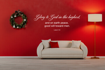 Living room with Christmas decor and Bible quotes on red wall with white sofa and Christmas decoration, 3d render, interior scene, 3d interior
