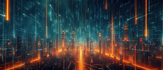 Futuristic neon city filled with glowing data streams and digital lights, showing advanced technology, cyber systems and modern urban innovation.