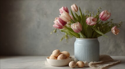 Vase of pink tulips on a white table. the vase is made of ceramic and has a blue speckled pattern. the tulips are in full bloom with their petals open and their stems and leaves visible. © CYBERPINK