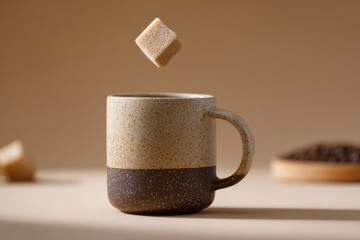A warm beige background featuring a brown ceramic mug with a sugar cube suspended above it