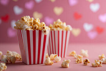Cheerful cinematic-themed setup featuring striped popcorn containers and heart accents on pink