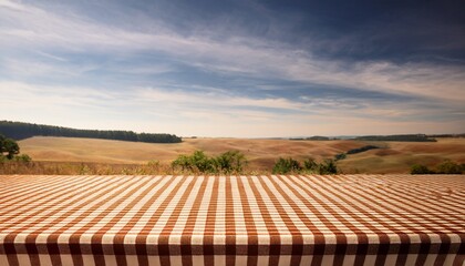 Checked Tablecloth At Wooden Background