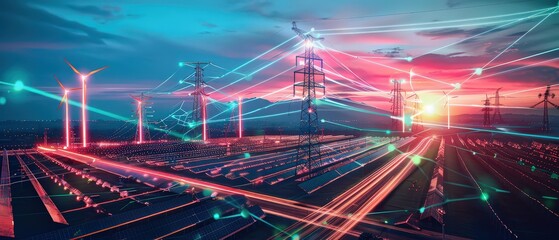 Futuristic wind turbines connected by a glowing digital energy grid, symbolizing clean power, smart infrastructure, innovation, and advanced renewable technology at sunset.