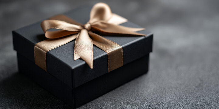 Luxury black gift box with a smooth satin ribbon on a dark minimal background - Powered by Adobe