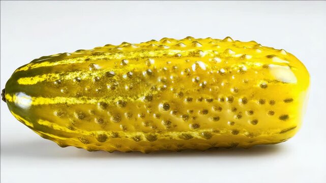 A single dill pickle resting on white surface.
