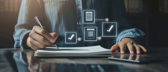 A person writing on paper with floating digital checklist icons, representing task management, workflow organization and modern documentation processes in a tech-driven workspace.