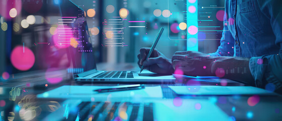 Man writing notes at desk with laptop and holographic digital interface elements, illustrating modern workflow, data management, planning and futuristic business technology in office setting.