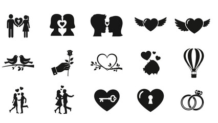 Obraz premium Set of vector silhouettes of people icons design illustration, including a heart and cupid symbol for love and romance