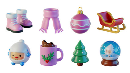 Set of Cute Christmas and Winter Icons on White Background, Pink and Green Holiday Accessories and Objects 3D Render