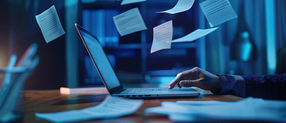 Dynamic scene of flying paperwork around a laptop as a person works, illustrating office stress, deadlines, digital workflow and chaotic document management in a modern workspace.