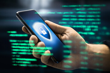 Phone scam or hacker fraud. AI data privacy. Smartphone cybersecurity or antivirus. Spyware scammer online.