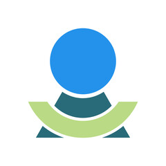 Abstract logo with a blue circle, dark teal body, and a light green curved base, symbolizing balance or a person.