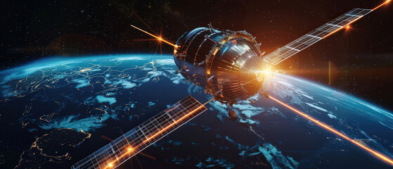 High-tech satellite orbiting Earth with illuminated solar panels and cosmic background, showing advanced space communication, global connection, and futuristic orbital technology.