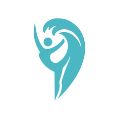 Fototapeta premium A stylized teal figure of a person dancing or performing gymnastics within a dynamic wave shape, symbolizing movement and grace.
