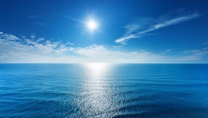 Blue Ocean Panorama With Sun Reflection The Vast Open Sea With Clear Sky Ripple Wave And Calm Sea With Beautiful Sunlight