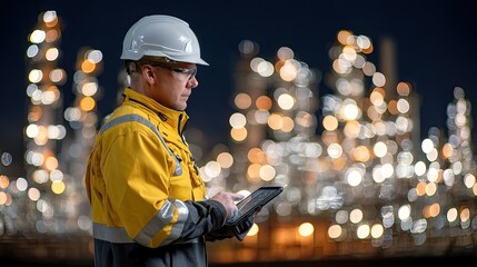 A construction worker checks data on a tablet while standing near a brightly lit industrial site during nighttime hours