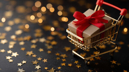 Christmas shopping scene with golden cart, red ribbon gift, and scattered star confetti