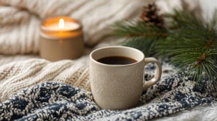 Comfortable winter vignette with coffee cup, candle, and pine branch